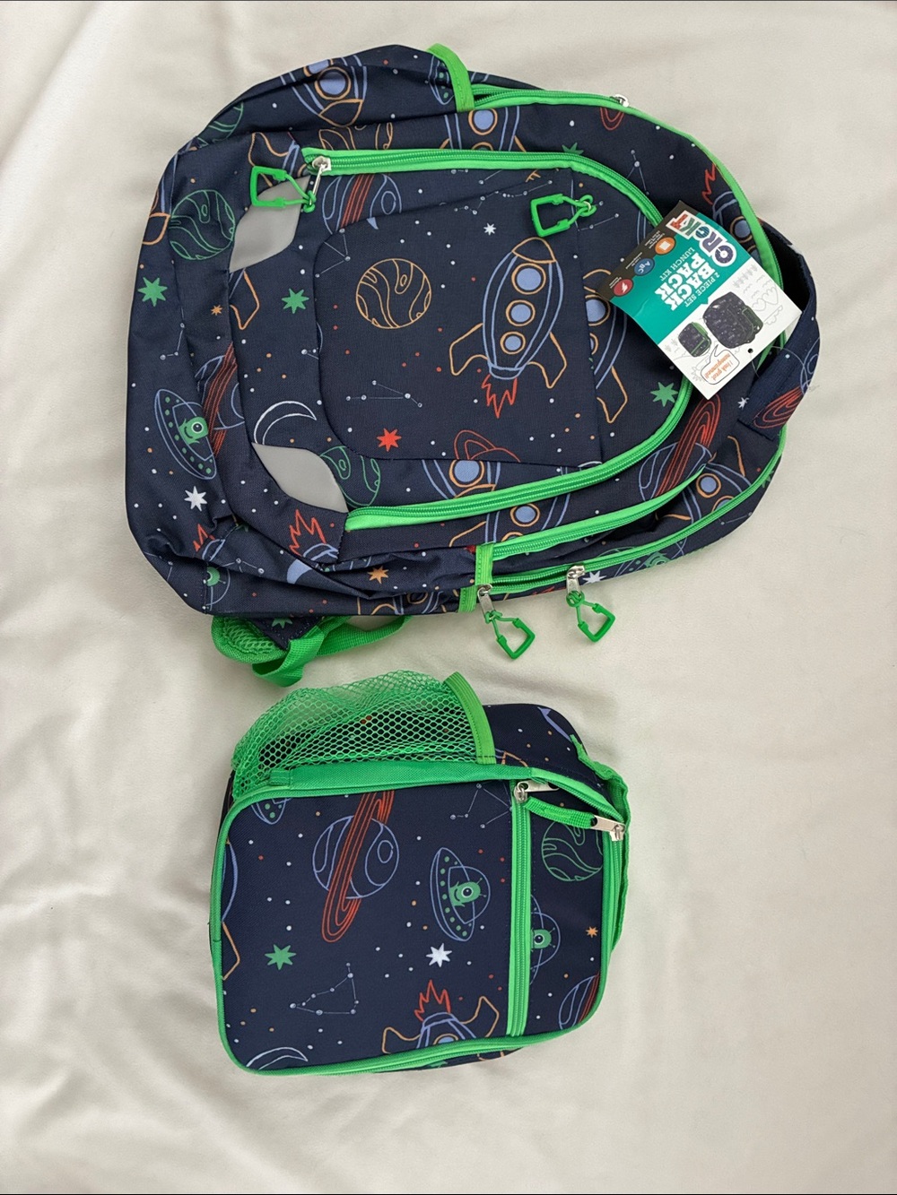 Kids Space Rocket Backpack and Lunch Bag Set - Navy with Green Trim